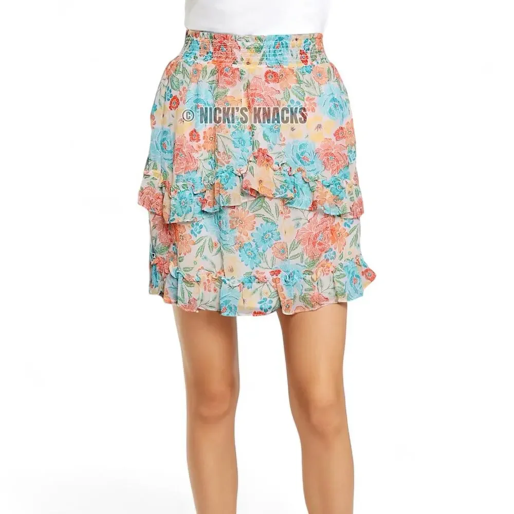1. State Floral Chiffon Mini Skirt Ruffle Pull On High Waist Multicolor Size L